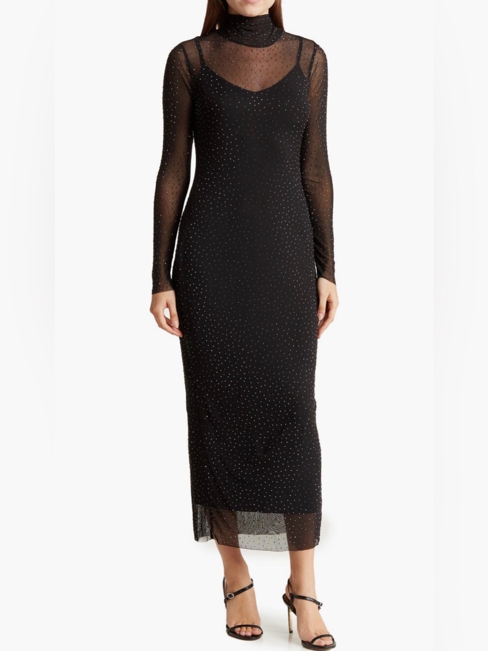 AFRM LOS ANGELESMarni Rhinestone Long Sleeve Mesh Midi Dress